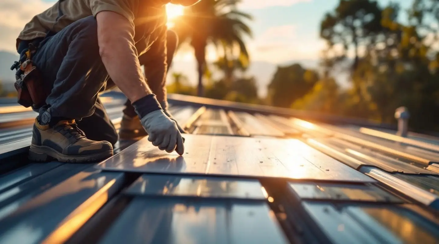 Commercial standing seam metal roof installation in Las Vegas under bright sunlight, highlighting clean lines and modern design.