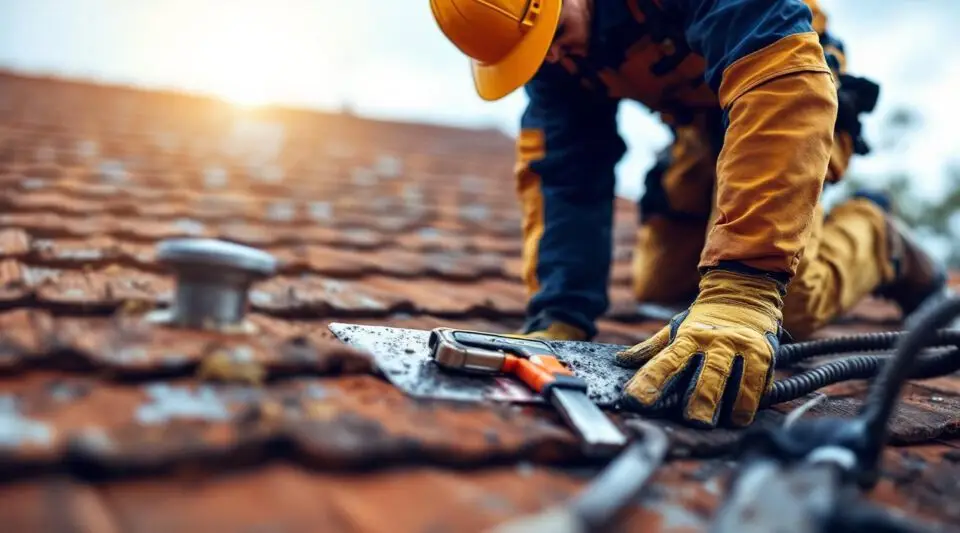 A professional roofing inspector carefully examining tile roof flashing under the bright Las Vegas sun.