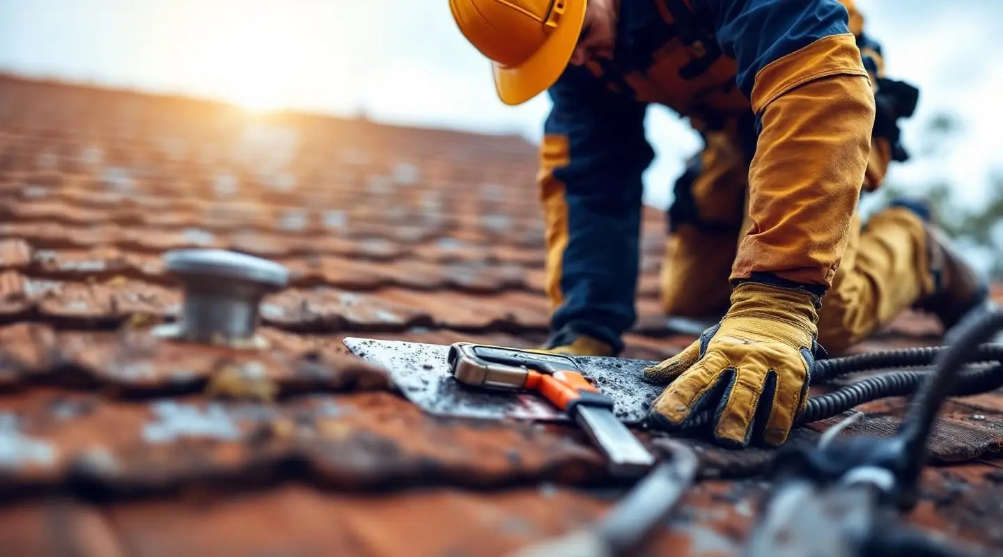 A professional roofing inspector carefully examining tile roof flashing under the bright Las Vegas sun.