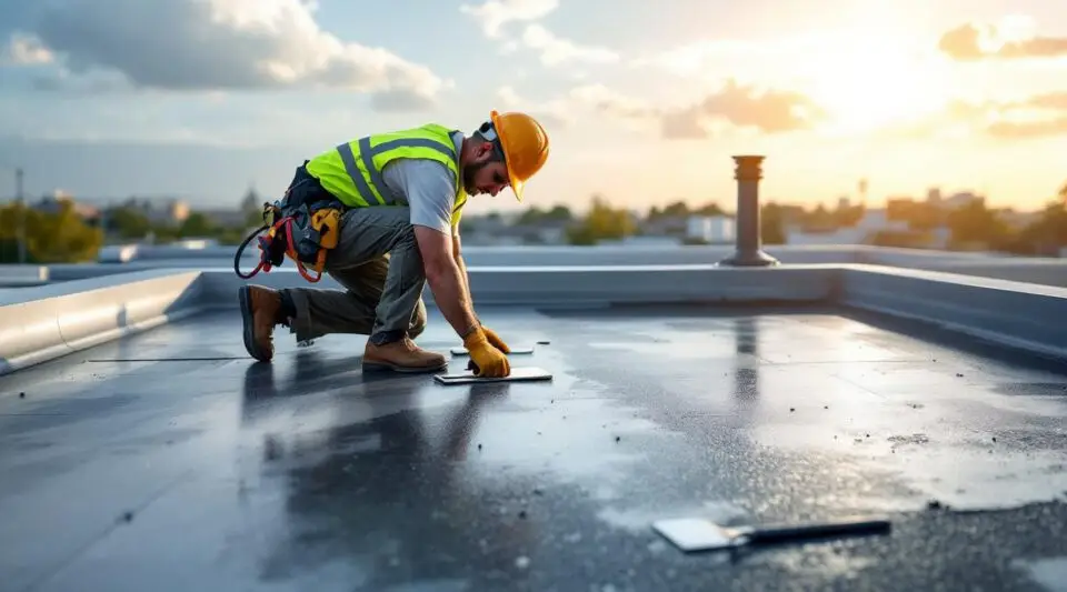 Professional roofing crew installing a black EPDM rubber membrane on a flat commercial roof in Las Vegas at sunrise.