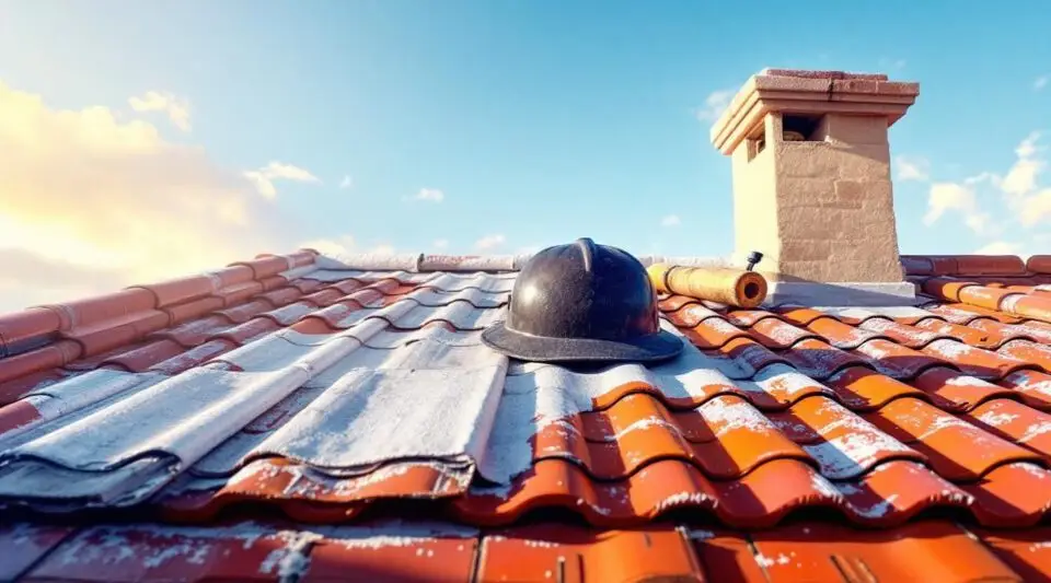 Commercial Spanish tile roof installation on a Las Vegas office complex under clear desert skies with cinematic lighting.