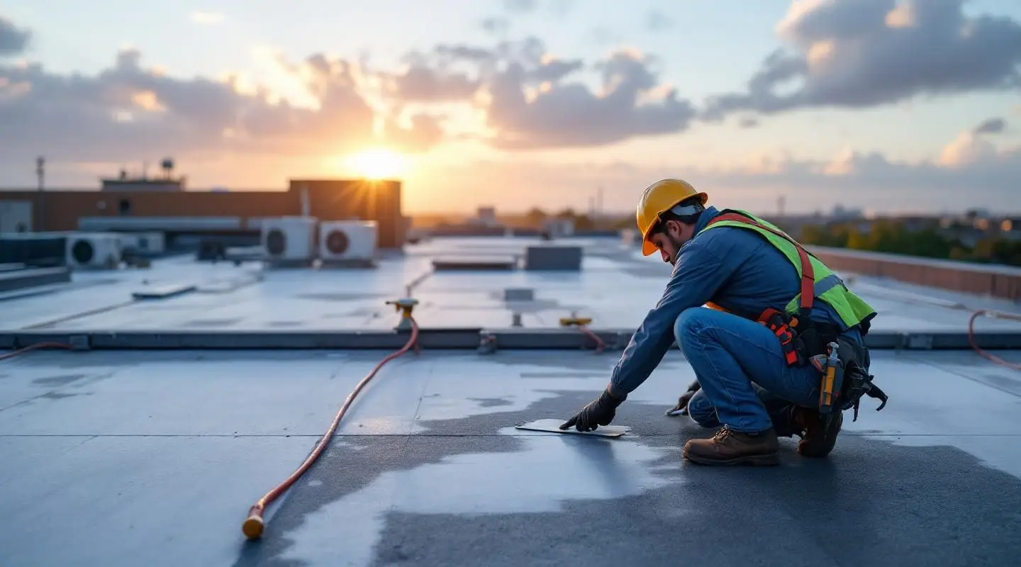 A professional roofing crew installing a durable white TPO flat roof on a Las Vegas commercial building under a bright desert sky.