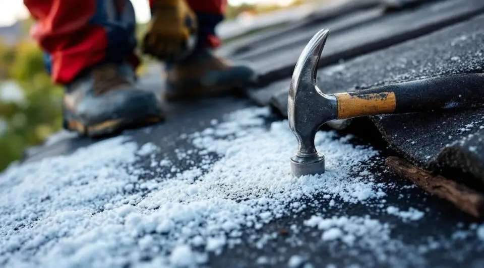 A professional roofer carefully inspecting tile flashing under the bright Las Vegas sun to locate and repair a roof leak.
