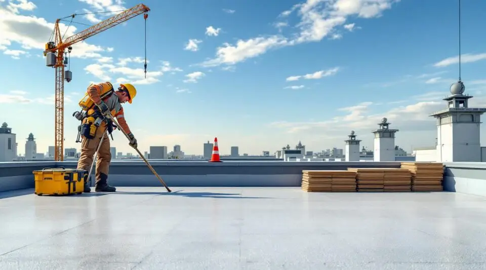 Professional roofing crew installing white TPO flat roofing on a commercial building in Las Vegas under bright desert sun