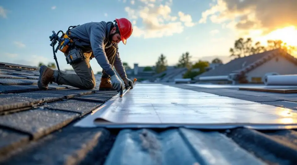 Professional roofing crew carefully installing new shingles on a residential home in Las Vegas under bright desert skies.