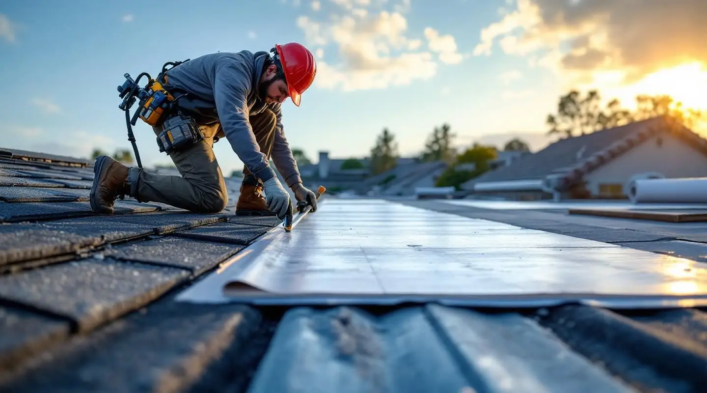 Professional roofing crew carefully installing new shingles on a residential home in Las Vegas under bright desert skies.