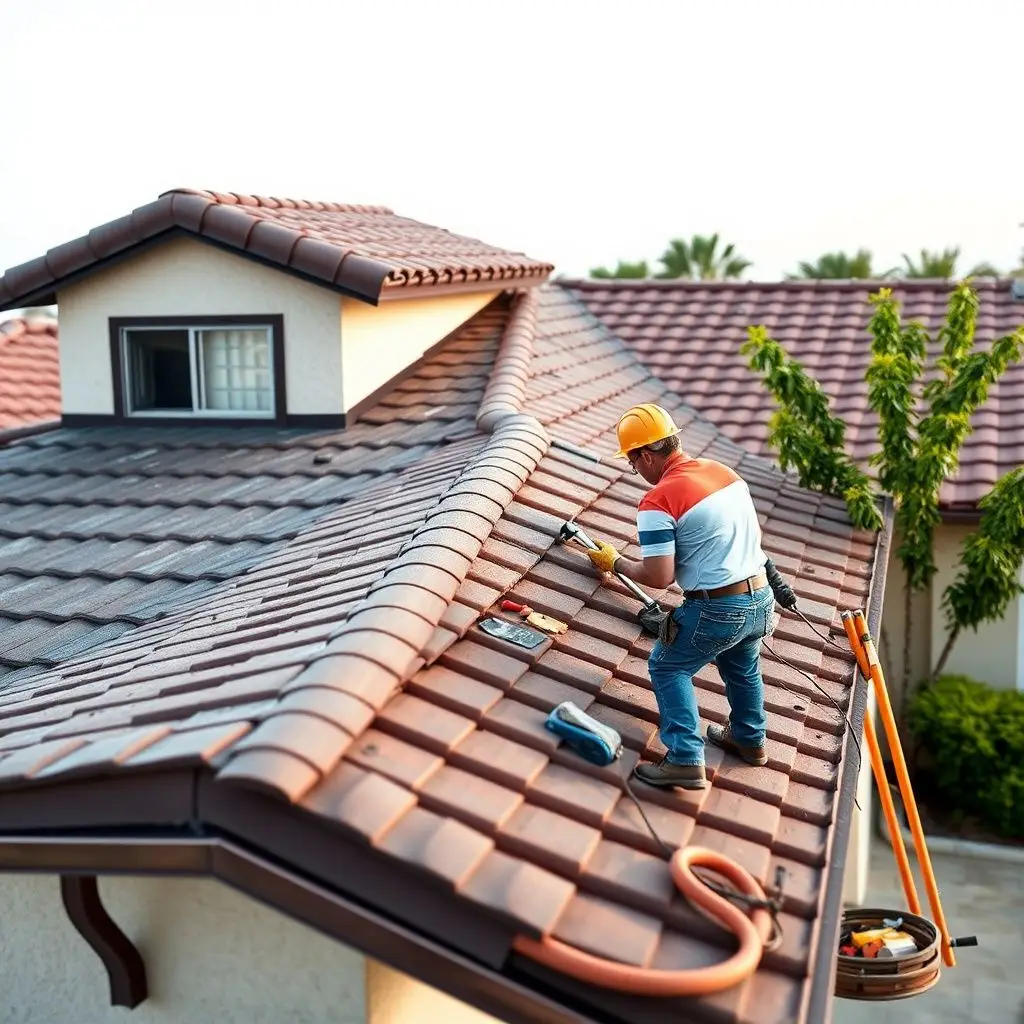 A professional roofing crew installing durable tile roofing on a Las Vegas home under bright desert sunlight.