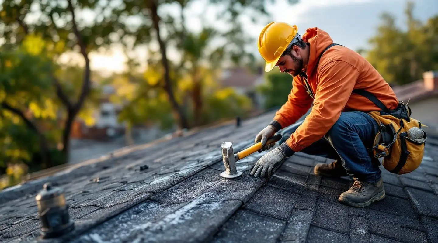 Professional roofer replacing damaged clay tiles on a residential home in Las Vegas under bright desert sunlight.