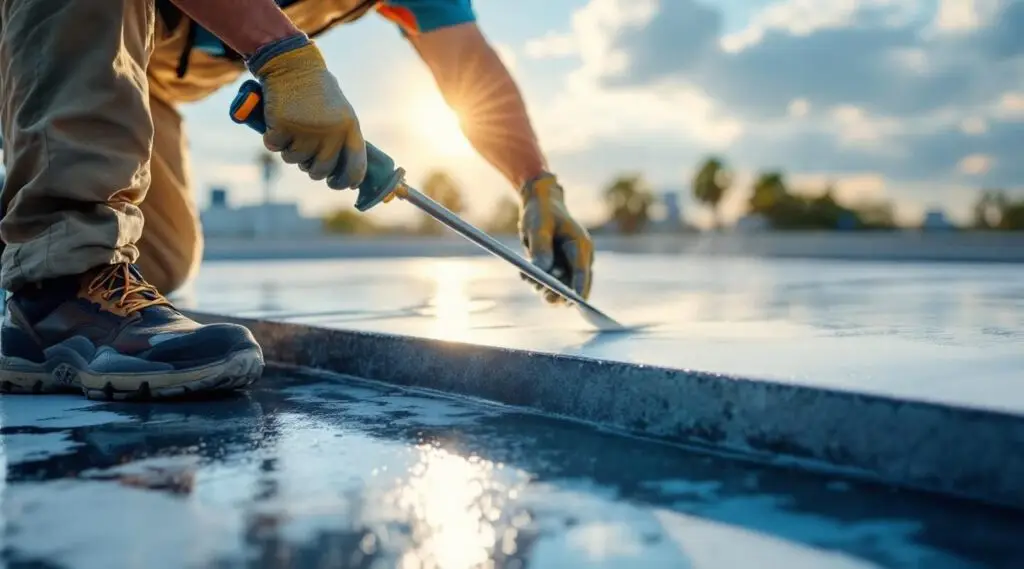 Commercial roofing crew applying white silicone roof coating to a flat TPO roof in Las Vegas under bright sunlight.