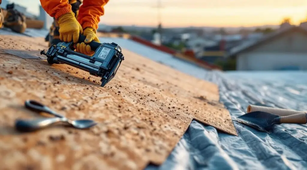 Professional roofing crew installing new asphalt shingles on a residential home in Las Vegas under a bright blue sky.