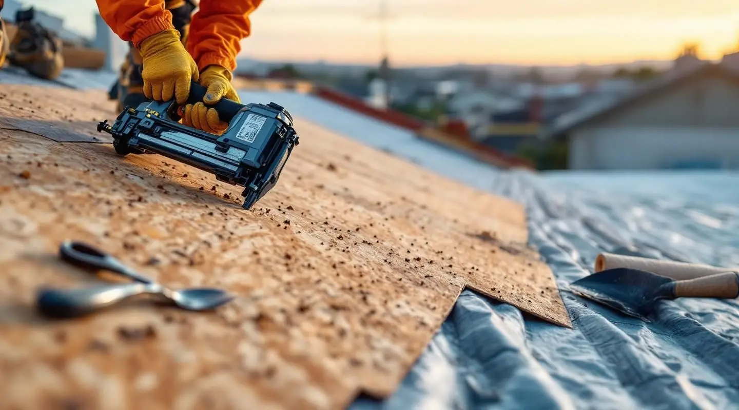 Professional roofing crew installing new asphalt shingles on a residential home in Las Vegas under a bright blue sky.