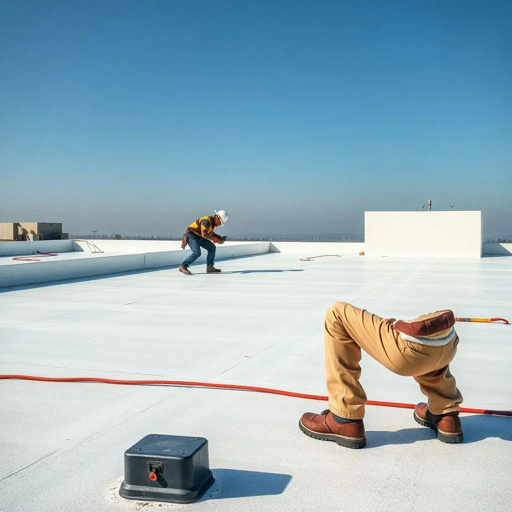 Roofing crew repairing a commercial TPO flat roof in Las Vegas, sealing seams with a hot-air welder under a clear desert sky.