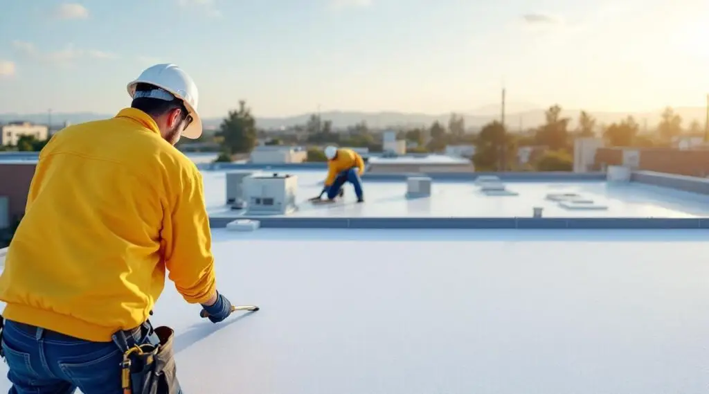 Professional roofing crew heat-welding seams on a white TPO flat roof of a Las Vegas commercial building.