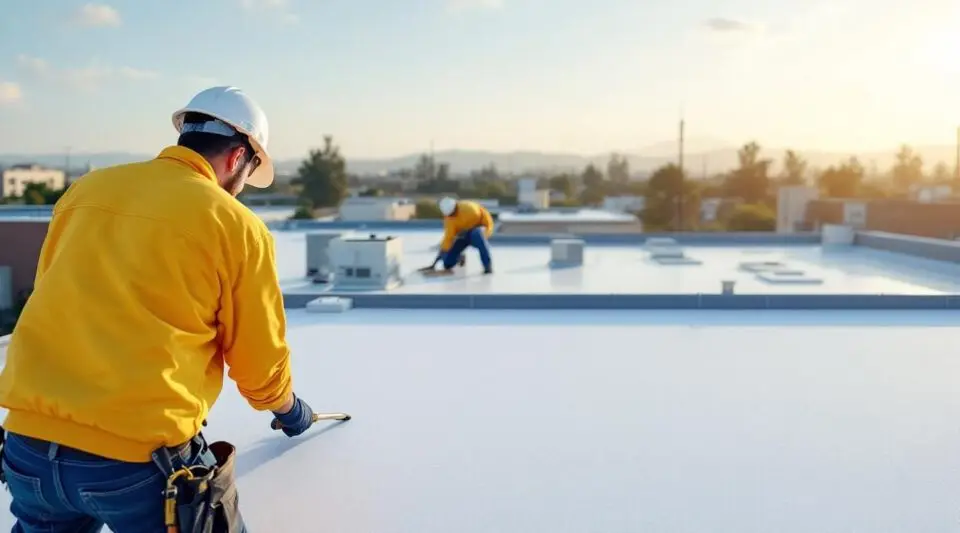 Professional roofing crew heat-welding seams on a white TPO flat roof of a Las Vegas commercial building.