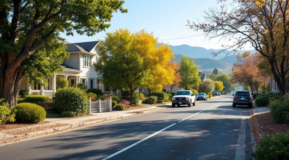 A residential street in Winchester, Nevada with mid-century ranch homes showing tile and flat roofs under a bright Mojave sun.
