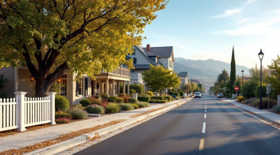 A residential street in Spring Valley, Nevada, featuring Mediterranean-style stucco homes with clay tile roofs under a bright desert sky.