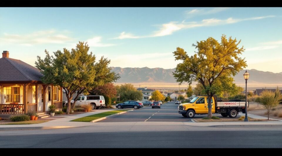 A residential street in Whitney, Nevada, showing stucco homes with concrete tile roofs under a bright desert sky.