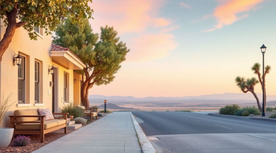 A residential street in Southern Highlands, Enterprise, NV with Spanish tile roofs under a bright desert sky.