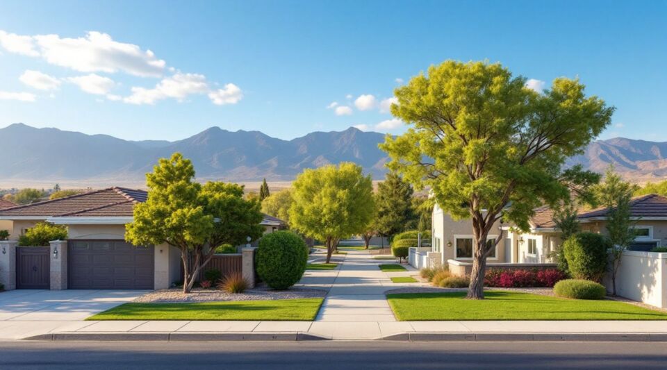 A wide shot of a residential street in North Las Vegas with concrete tile roofs under the bright Mojave Desert sun.