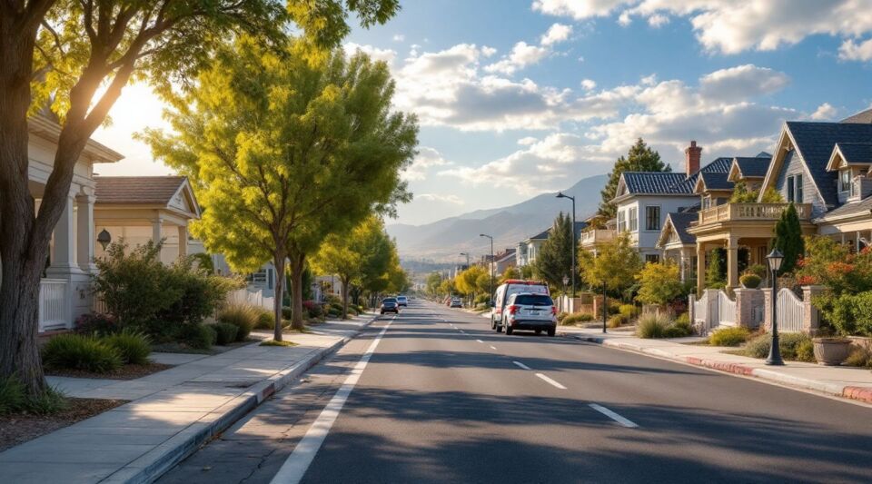 A residential street in Paradise, Nevada, showing Spanish tile roofs under the intense desert sun with palm trees.