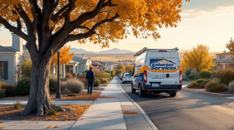 A residential street in Henderson, Nevada featuring Spanish-style homes with concrete tile roofs under a bright desert sun.